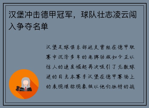 汉堡冲击德甲冠军，球队壮志凌云闯入争夺名单