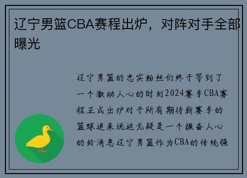 辽宁男篮CBA赛程出炉，对阵对手全部曝光
