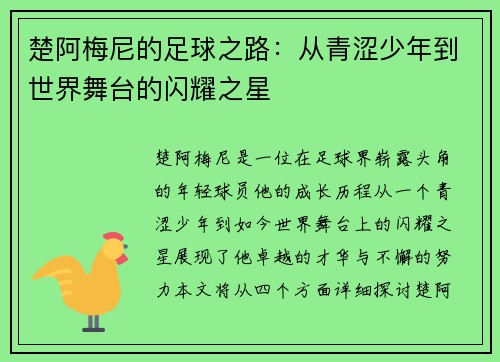 楚阿梅尼的足球之路：从青涩少年到世界舞台的闪耀之星