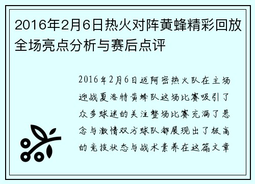 2016年2月6日热火对阵黄蜂精彩回放全场亮点分析与赛后点评