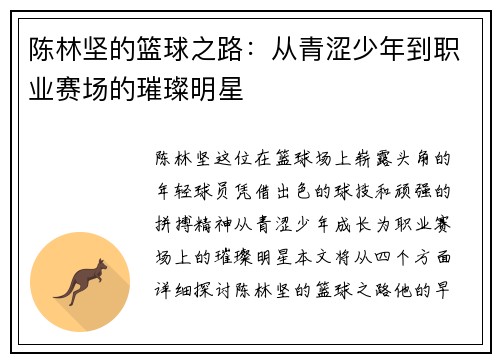 陈林坚的篮球之路：从青涩少年到职业赛场的璀璨明星