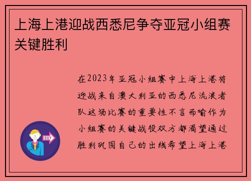 上海上港迎战西悉尼争夺亚冠小组赛关键胜利