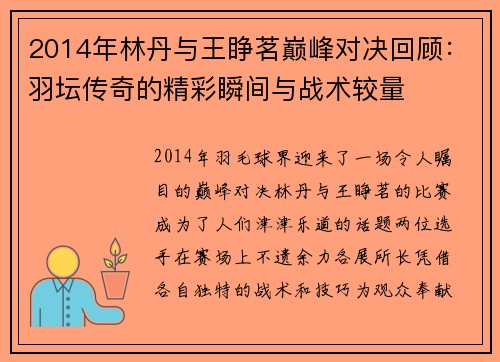 2014年林丹与王睁茗巅峰对决回顾：羽坛传奇的精彩瞬间与战术较量