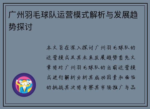 广州羽毛球队运营模式解析与发展趋势探讨