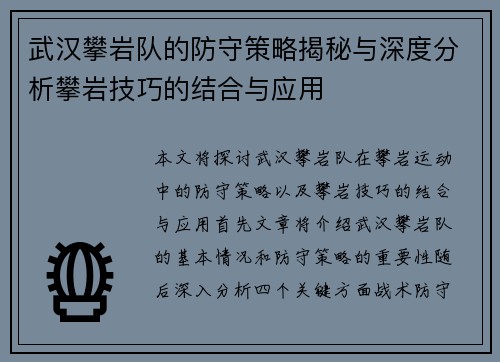 武汉攀岩队的防守策略揭秘与深度分析攀岩技巧的结合与应用
